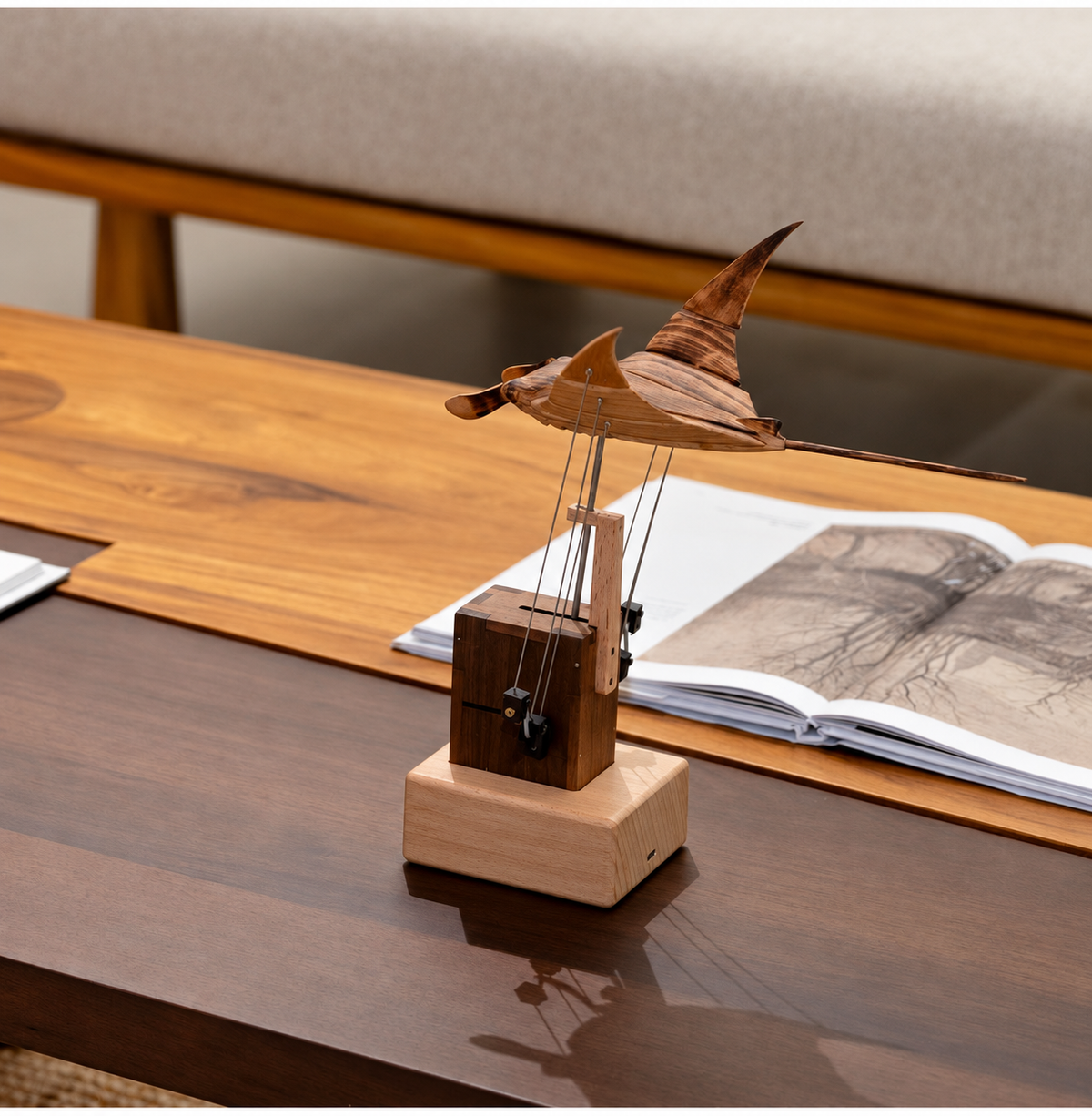 Rechargeable Wooden Manta Ray Automaton – Kinetic Desk Sculpture