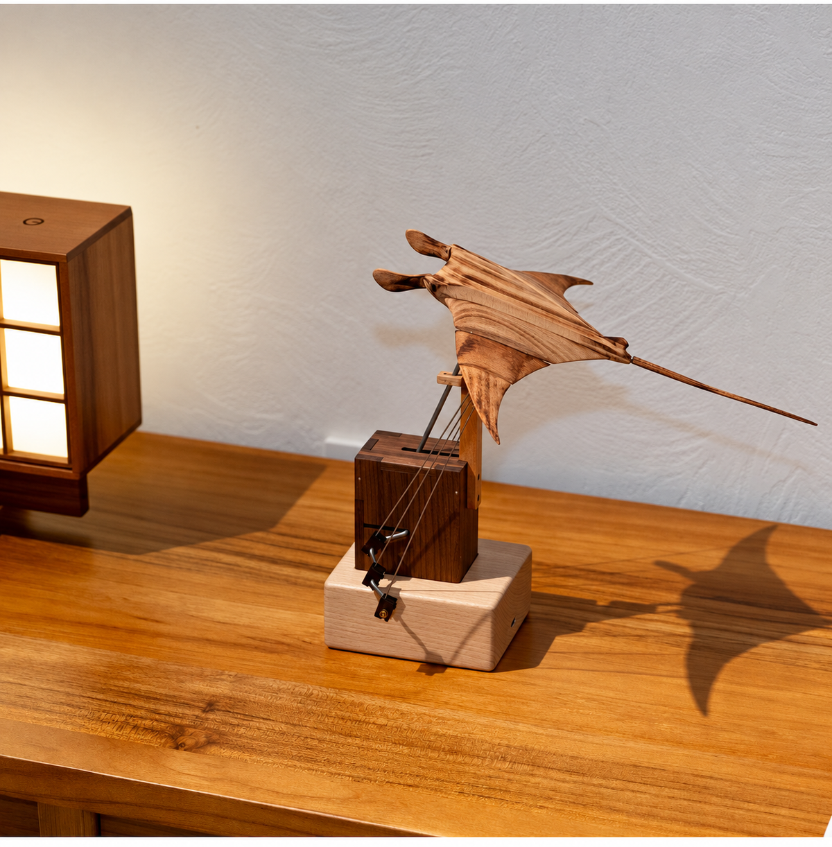 Rechargeable Wooden Manta Ray Automaton – Kinetic Desk Sculpture