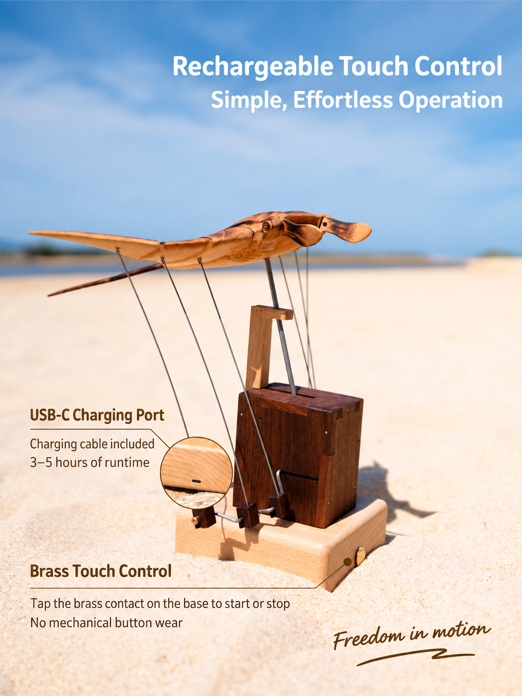 Rechargeable Wooden Manta Ray Automaton – Kinetic Desk Sculpture