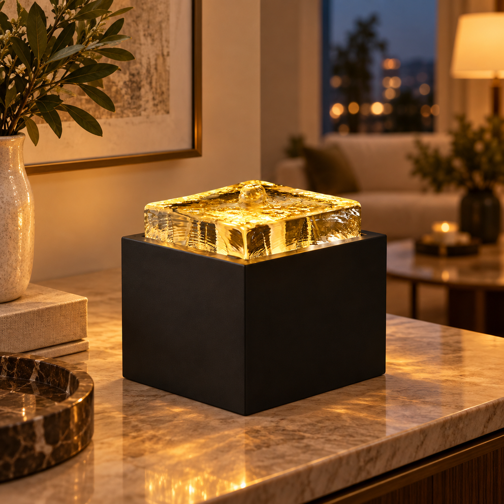 Ice-Crackle Glass Tabletop Fountain – Illuminated Water Feature