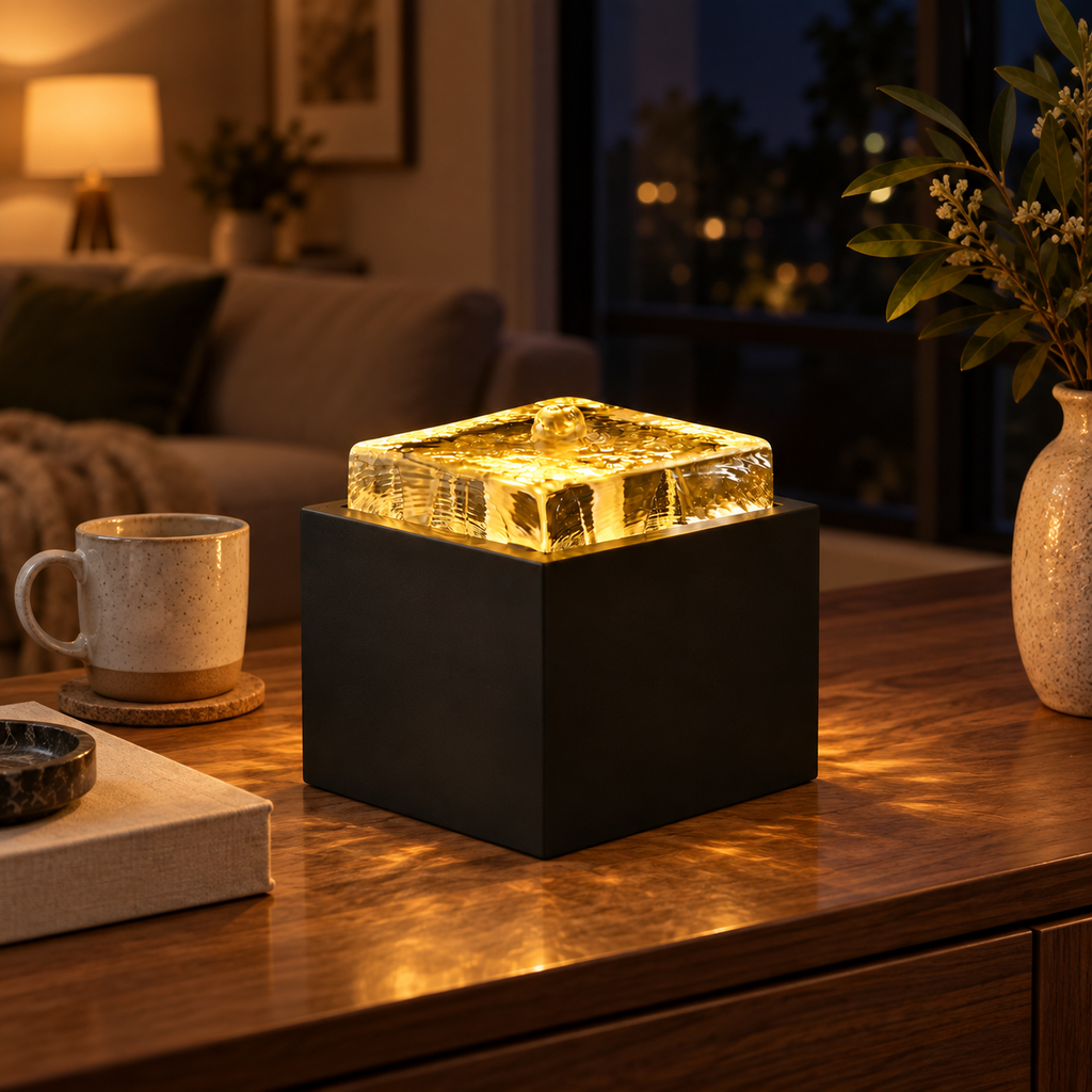 Ice-Crackle Glass Tabletop Fountain – Illuminated Water Feature