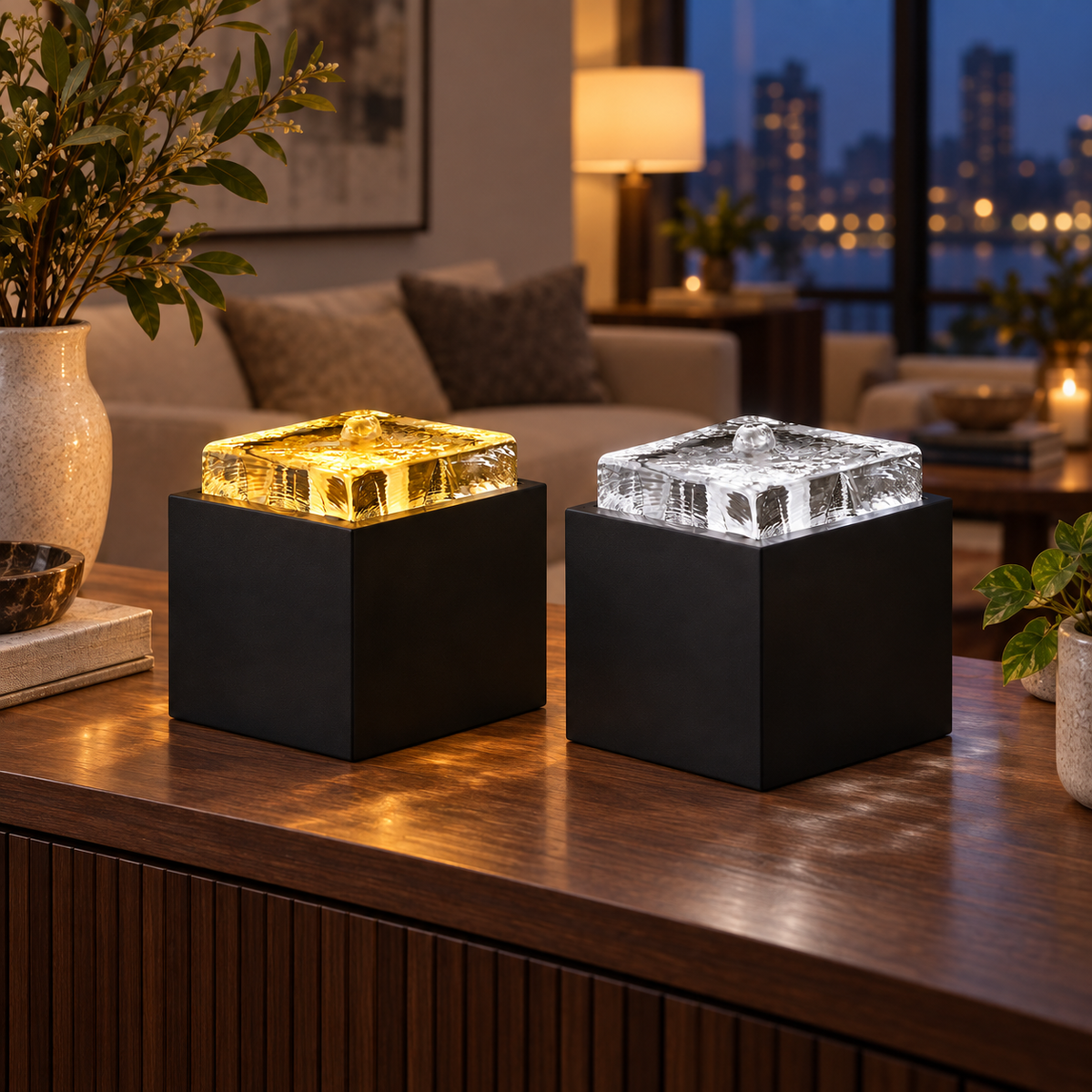 Ice-Crackle Glass Tabletop Fountain – Illuminated Water Feature