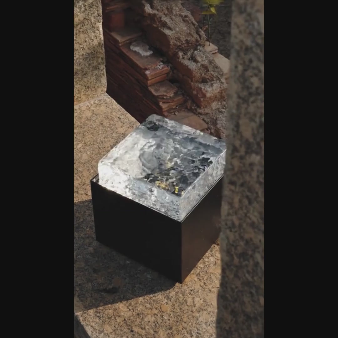Ice-Crackle Glass Tabletop Fountain – Illuminated Water Feature — product demonstration